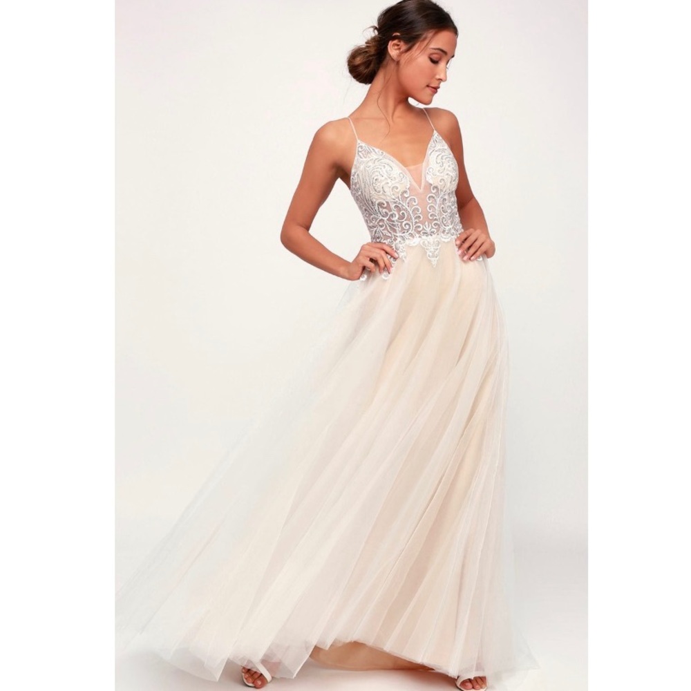 Lulu’s White/nude embroidered rhinestone dress